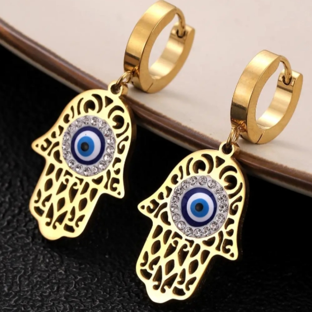 Gold Hamsa and Evil Eye Earrings
